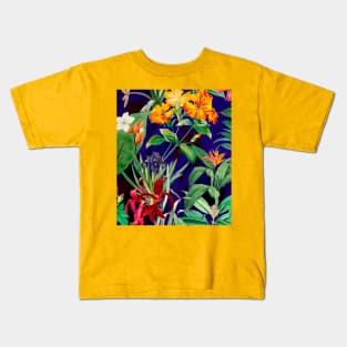 Colorful tropical floral leaves botanical illustration, tropical plants,leaves and flowers, blue leaves pattern Kids T-Shirt